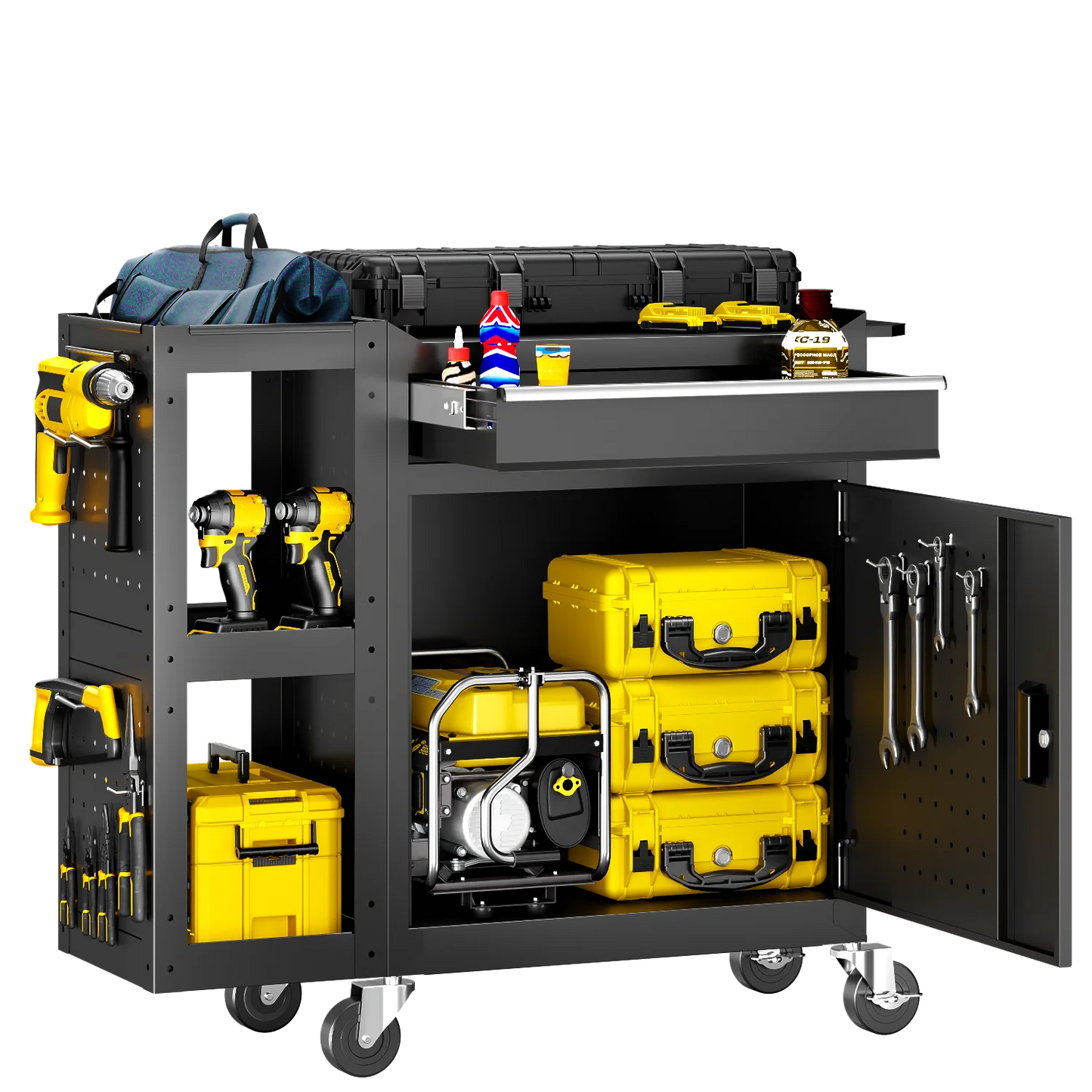 Gewna 5 Drawers Rolling Garage Tool Chest with Locking System,Metal Storage Cart with Side Cabinet,Protective Liner & Tool Rack for Garage Workshop