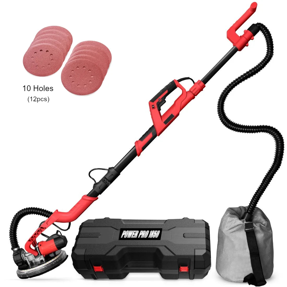 POWER PRO 1850 Electric Drywall Sander - Variable Speed 1000-1850rpm, 750 Watts, with Automatic Vacuum System, LED Light, and Hard Tool Case