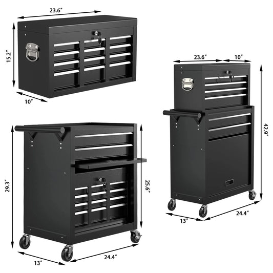 Aukfa Tool Box, 2 in 1 Steel Rolling Tool Chest & Cabinet on Wheels for Garage, 8-Drawers, Black