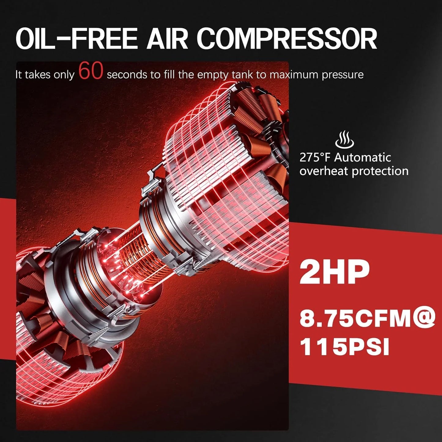 Zhixing 8 Gallon Portable Oil-Free Air Compressor, Ultra Quiet 70dB, 1.5HP 115PSI High Pressure 4.52CFM, Auto Repair/Bicycle Tire Inflating/Garage Painting | 110V-60Hz Home and Commercial