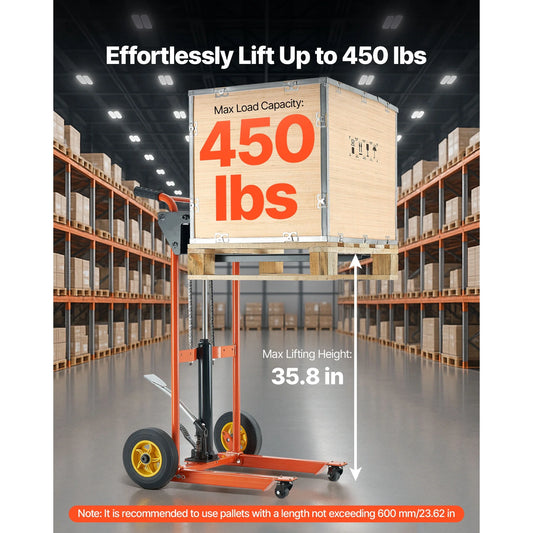 KFFKFF Hydraulic Material Lift Stacker, 450 lbs Capacity, Pallet Truck with Fork Lift Table, 35.8-Inch Max Height, Foldable & Portable Table Cart, Yellow & Black