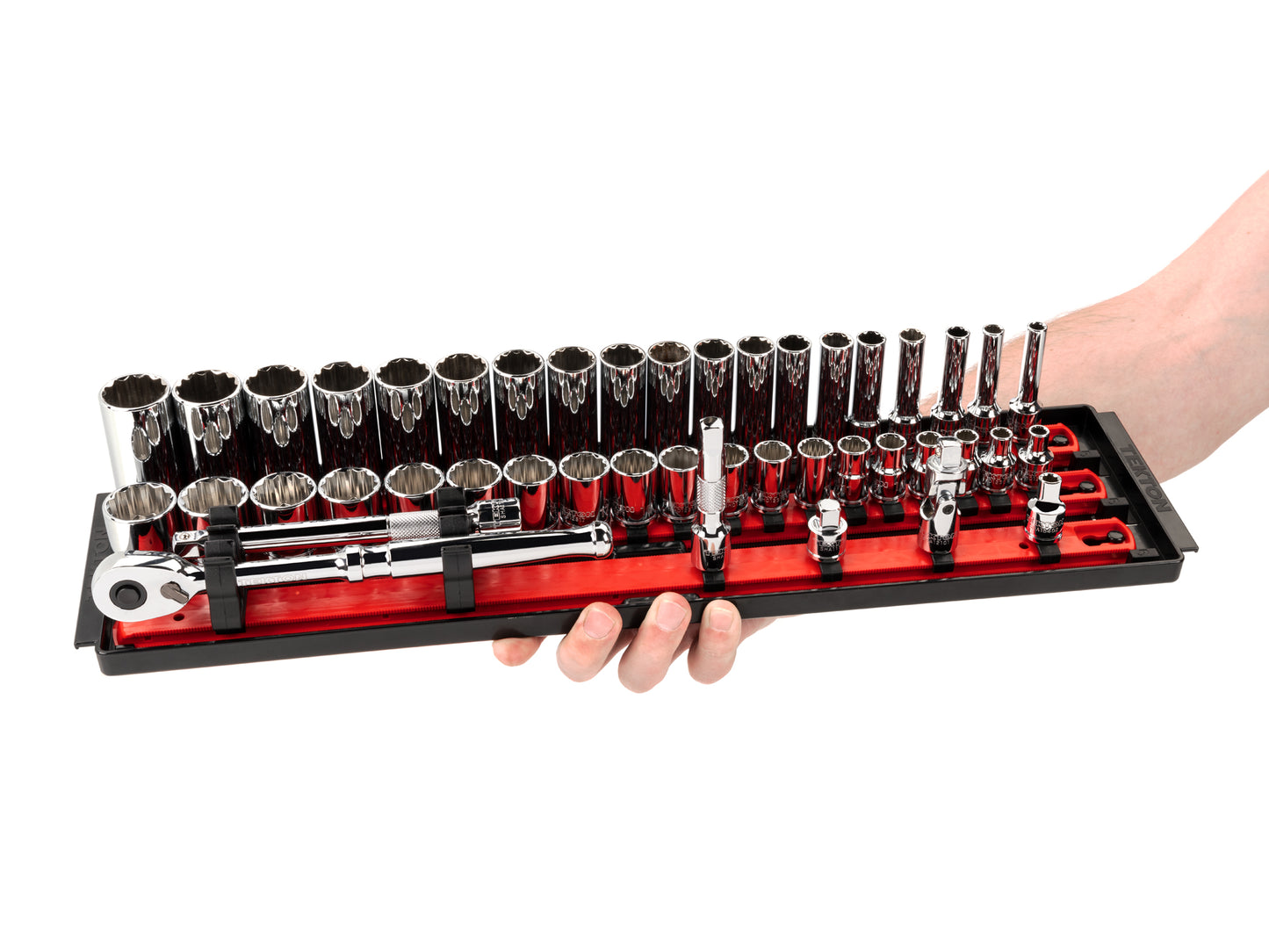 TEKTON 3/8 Inch Drive 12-Point Socket and Ratchet Set with Rails, 44-Piece (6-24 mm) | SKT13202