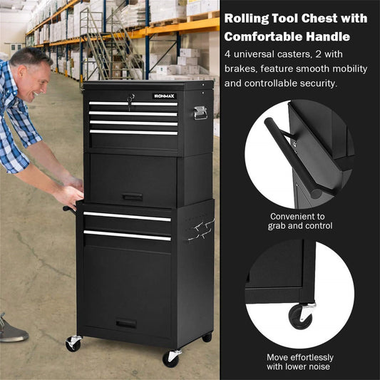 Aukfa Tool Box, 3 in 1 Steel Rolling Tool Chest w/6-Drawers & 2 Cabinet for Garage Workshop, Black