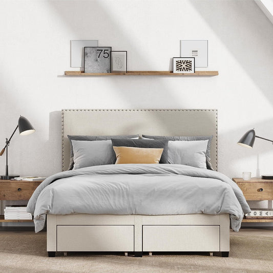 DG Casa Lucas Nailhead Trim Upholstered Platform Bed Frame with Storage, Queen Size, Beige