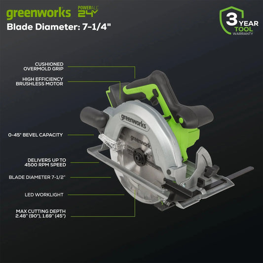 Greenworks 24V 7-1/4-inch Brushless Circular Saw, Battery Not Included, 1501202AZ