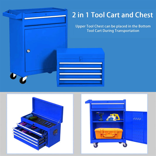 Aukfa Tool Box, 2 in 1 Steel Rolling Tool Chest & Cabinet On Wheels for Garage, 5-drawer, Blue