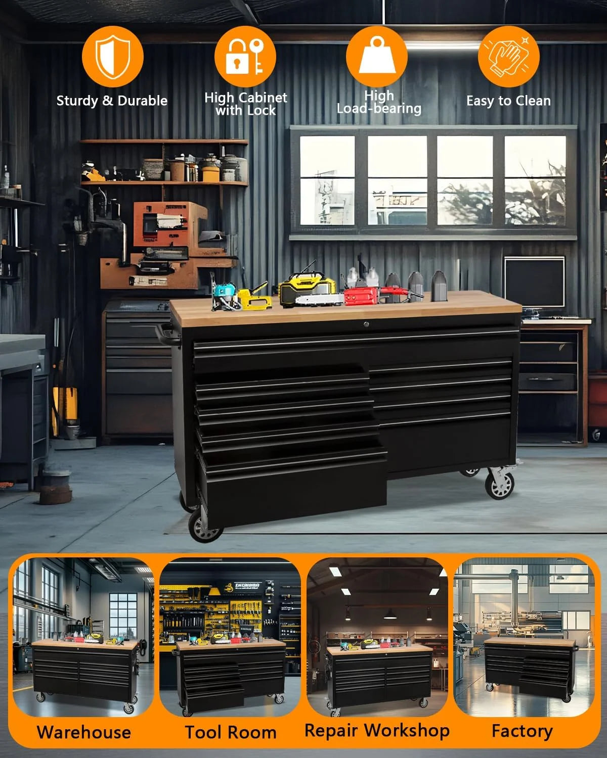 M optimized 61" Rolling Tool Chest with 9 Drawers, Lockable Tool Cabinet with Wheels, Mobile Workbench for Garage and Workshop Storage, Large Rolling Tool Chest