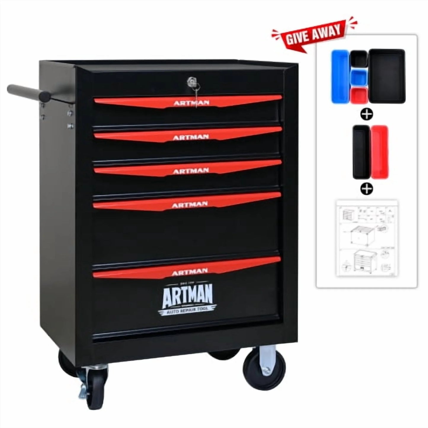 POVANLI 5 Drawer Portable Tool Box With Wheels,Tool Chest With Key Locking Tool Boxes/Organizers Black& Red