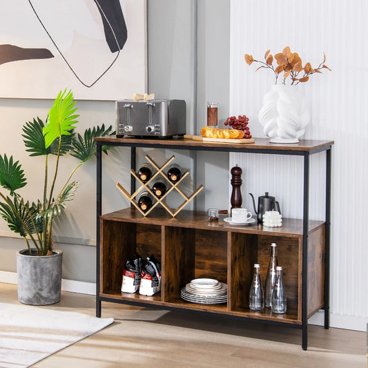 Costway Buffet Sideboard Kitchen Storage Cabinet Open Shelf w/3 Compartments Rustic