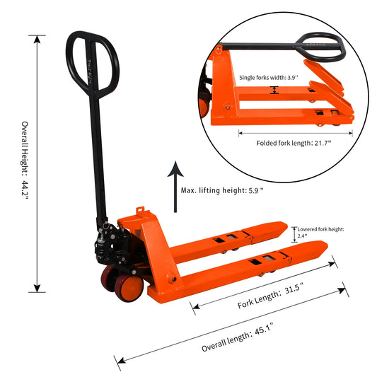 Tory Carrier 2200lbs Mini Type Foldable Hand Manual Pallet Truck Jack 31.5"X15" Fork Orange
