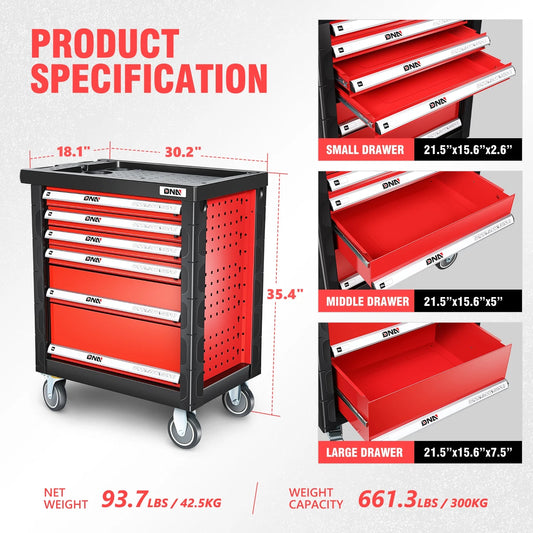 DNA Motoring TOOLS-00395 Garage Warehouse Workshop 6-Drawer Plastic Top Tray Rolling Tool Cabinet Chest With 4 Casters Red