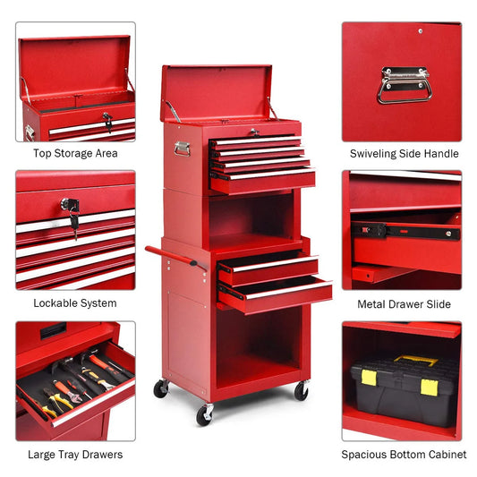 NIGSQJB 3-In-1 Tool Chest on Wheels with 6 Drawers, 52"H Tool Storage Cabinet with Auto Locking System,Detachable Top,Tool Box Organizer for Garage,Workshop,Repair Shop,DIY, Red