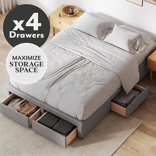 DG Casa Cosmo Upholstered Platform Bed Frame Base with Storage, Queen Size, Gray