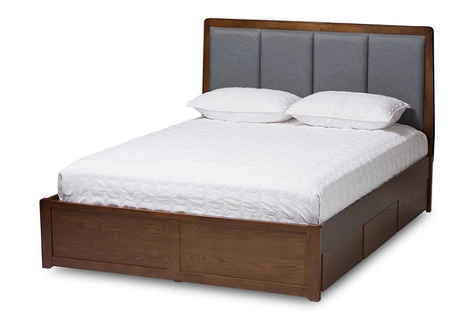 Baxton Studio Brannigan Modern and Contemporary Dark Grey Fabric Upholstered Walnut Finished Storage Platform Bed, Multiple Sizes