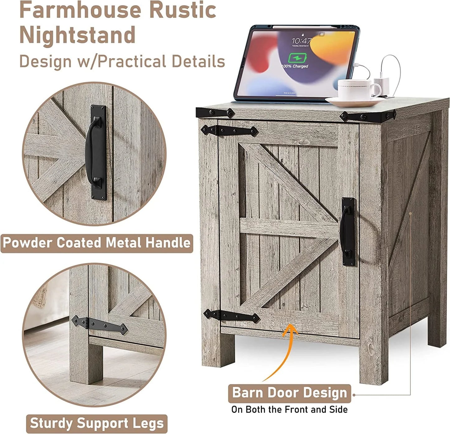 OKD Farmhouse Large Storage Square End Side Tables Wood with Barn Door and Charging Station, Light Rustic Oak