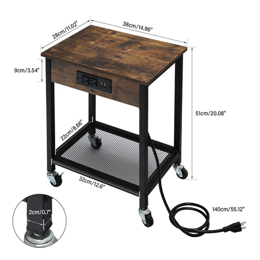 TC-HOMENY End Table with Charging Station & USB Ports, Side Table with Wheels & Storage Shelf Nightstand for Living Room Bedroom, Brown,Wood