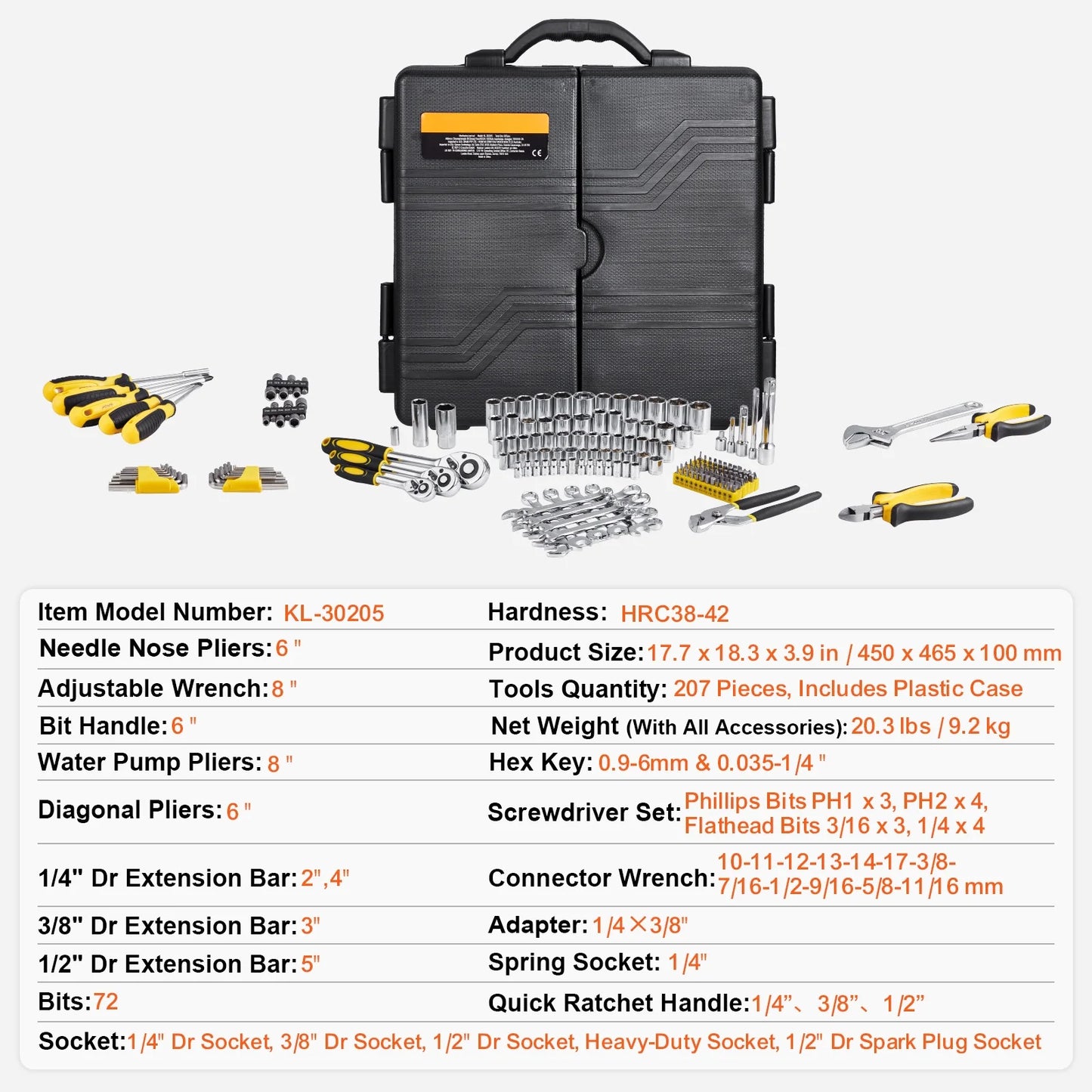 KFFKFF 207-Component Mechanics Tool Set and Socket Set, 1/4" 3/8" 1/2" Drive Sockets, SAE and Metric Mechanic Tool Set with Bits, Spanners, Ratchet Handle, Add-ons, and Hard Plastic Carrying Case