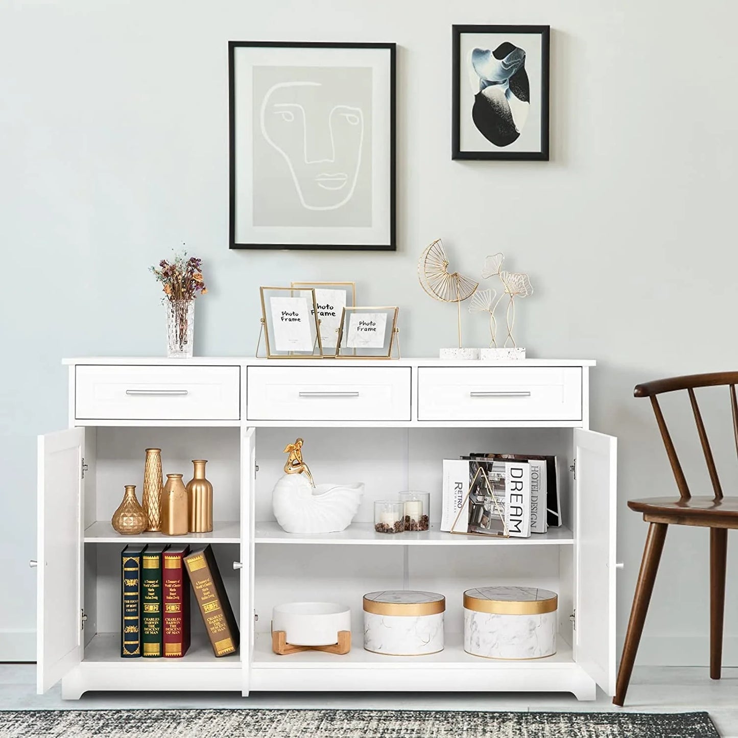 VINGLI White Credenza,Kitchen Buffet Cabinet with Storage,Dining Sideboard Buffet Console Table with Cabinet,Adjustable Shelves and Drawers