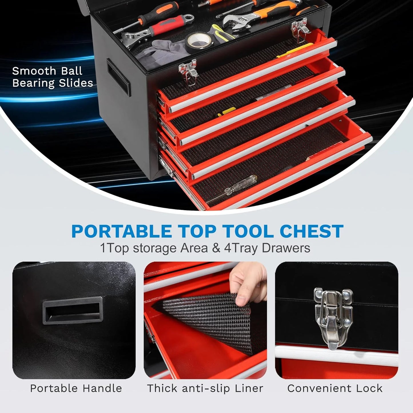 Rolling Tool Box, 5 Drawer Tool Chest with Wheels, Tool Box Organizer with Detachable Top, Lockable Drawers & Sliding Storage for Garage & Workshop