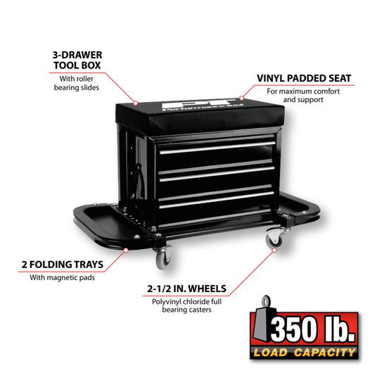 Performance Tool W85025 3-Drawer Rolling Tool Chest Seat with Magnetic Side Trays, 350 Lbs. Capacity, Rear Tray, Black