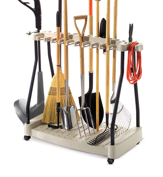 Suncast Outdoor Lawn and Garden Tool Rack with Wheels, Light Taupe