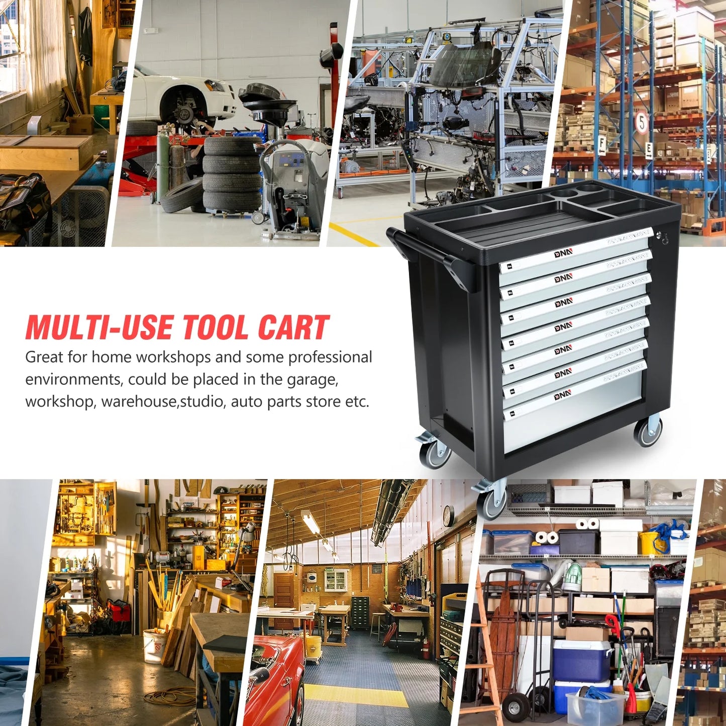 7-Drawers Rolling Tool Chest Cabinet with Casters, Locking System, Top Worktop, for Garage Warehouse Workshop, Grey