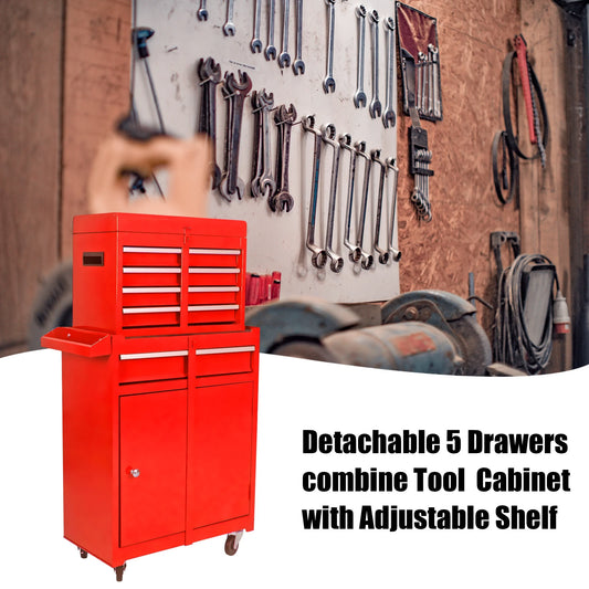BTMWAY 5-Drawer Rolling Tool Storage Cabinet with Detachable Top Tool Box, Tool Chest with Universal Lockable Wheels, Metal Tool Cart for Garage, Workshop, Barbershop,red
