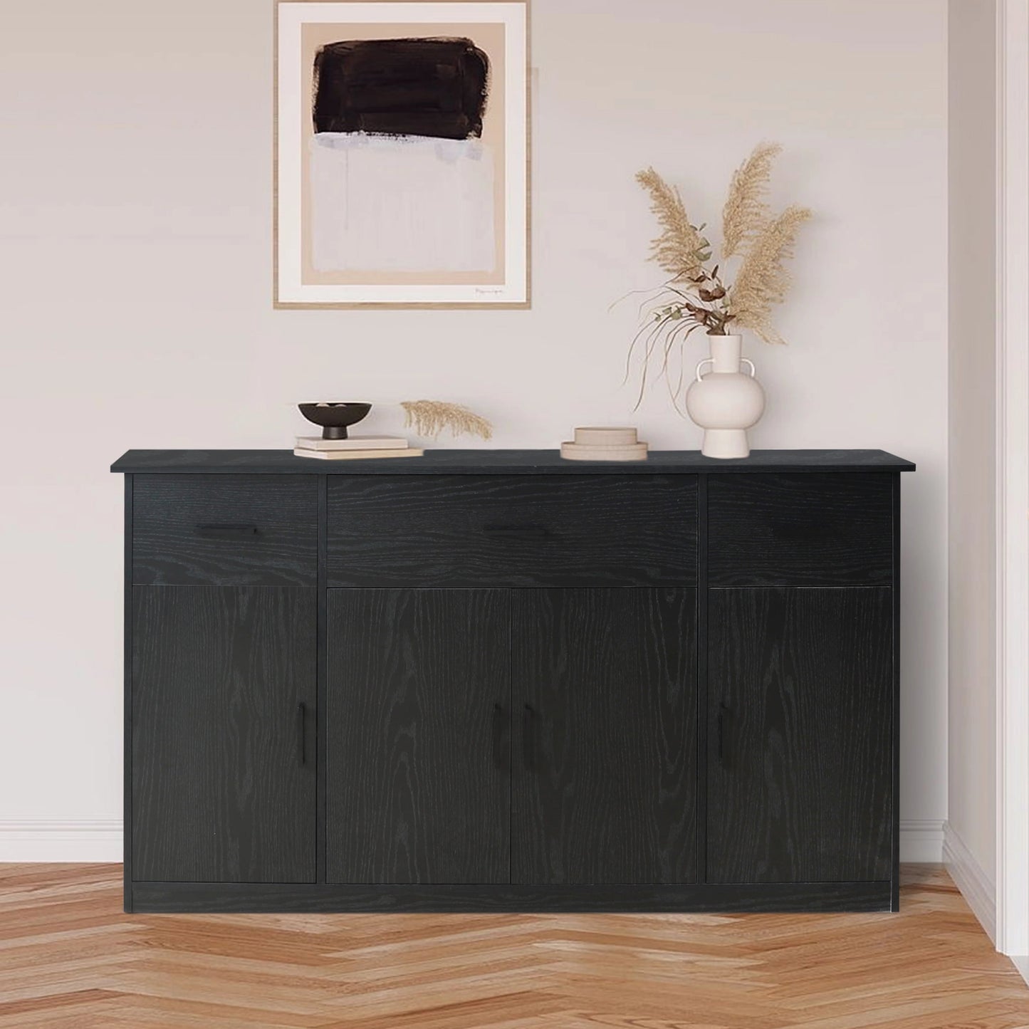 VEIKOUS Sideboard Buffet Cabinet Kitchen Cupboard Storage Cabinet with 3 Drawers and 4 Doors, Black