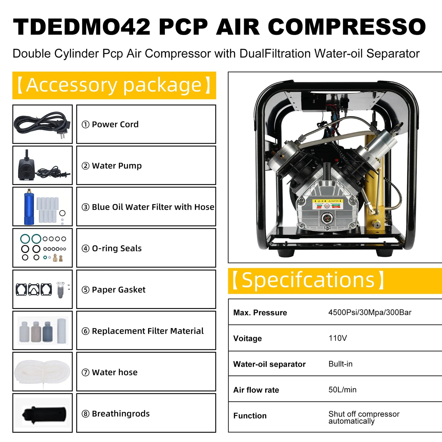 TUDIVING PCP Air Compressor, 4500psi Pcp Compressor Auto stop with Water and Fan Cooling, Triple Filtration for Scuba