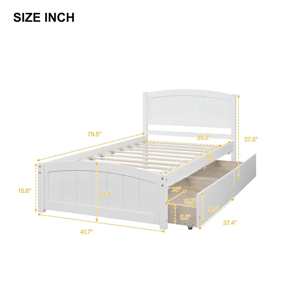 Irene Inevent Bed Frame Wooden Mattress Foundation 2 Storage Drawers Headboard Platform Bed for Bedroom, White