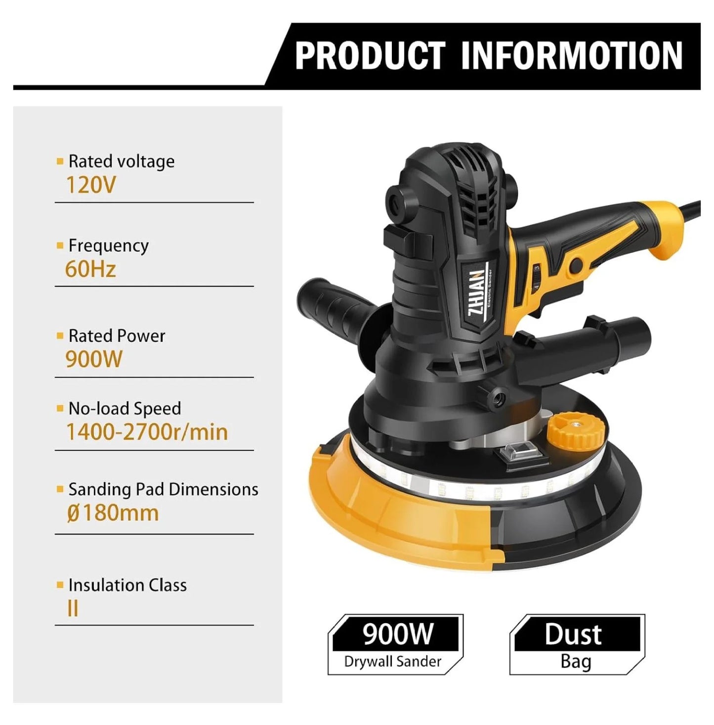 Handheld Drywall Sander 900W, 1400-2700RPM Portable Electric Wall Polishing Machine,Electric Drywall Sander with Vacuum, LED light,Rough and fine Sanding,12 PCS Sanding Disc