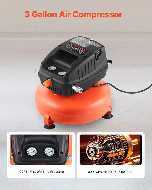 VEVOR 3 Gallon Air Compressor,1/3HP 0.54CFM @ 90PSI Portable Pancake Air Compressor & 100PSI Max Working Pressure, Oil-Free Compressor Tank for Tire Inflation, Spray Painting, Woodwork Nailing, 120V