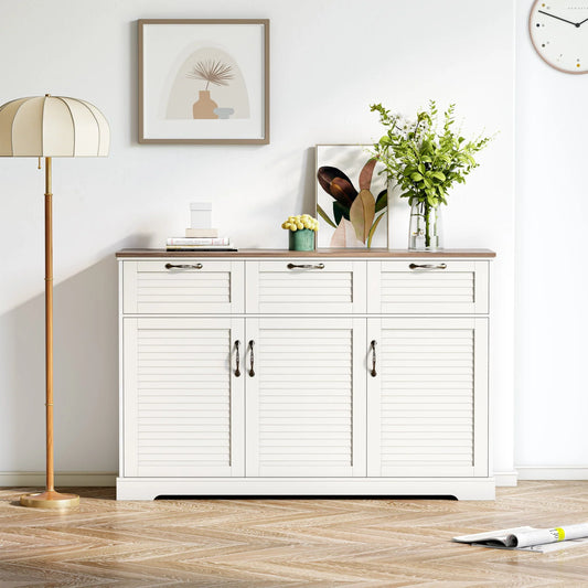 Homfa 53.5'' 3 Drawer Kitchen Buffet Cabinet with Adjustable Shelves, Wood Storage Cabinet with 3 Doors for Dining Room, White