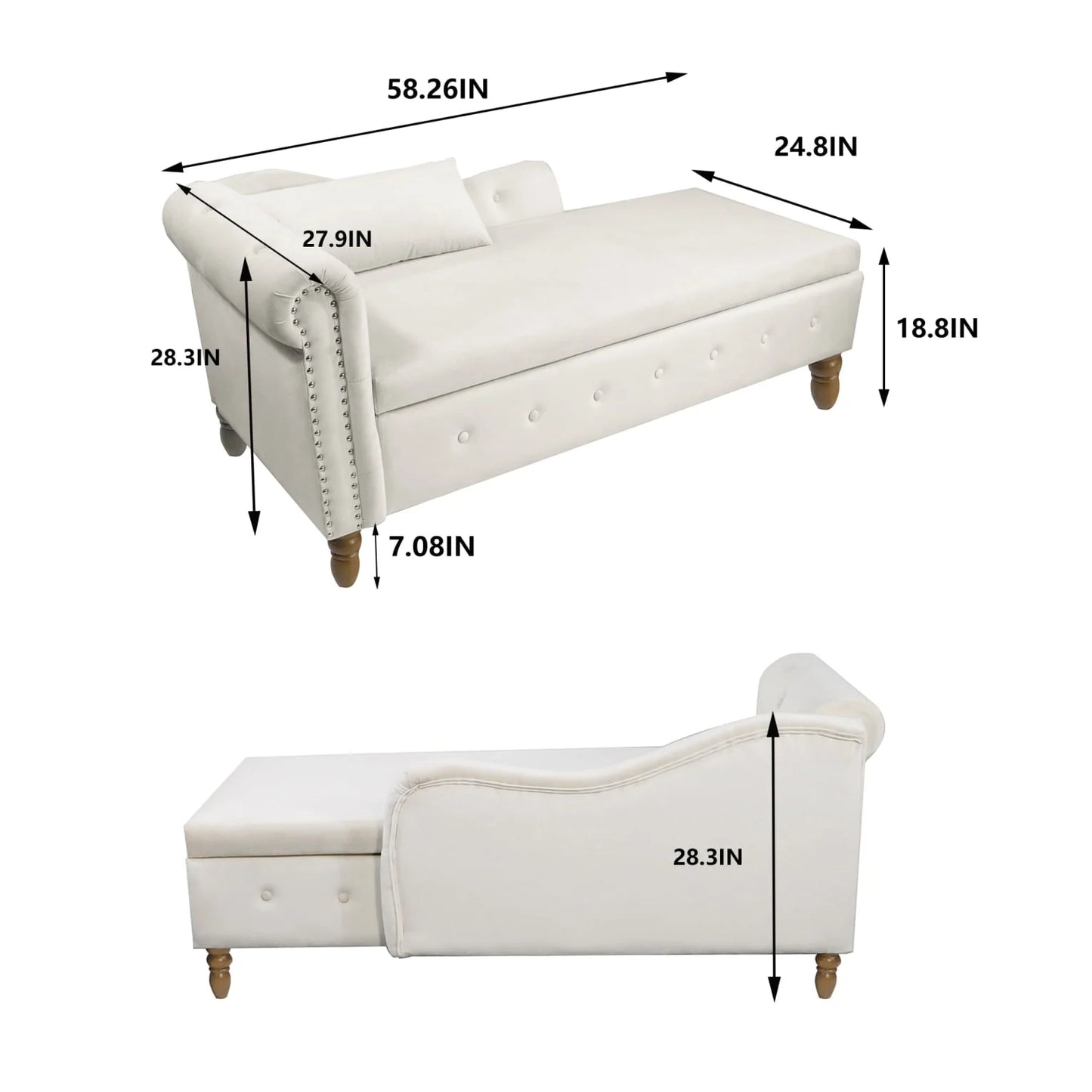 Indoor Velvet Chaise Lounge with Hidden Storage, Modern 58" L Upholstered Rolled Arm Chaise Chair with 1 Pillow and Solid Wood Legs for Living Room Bedroom Office (Beige)