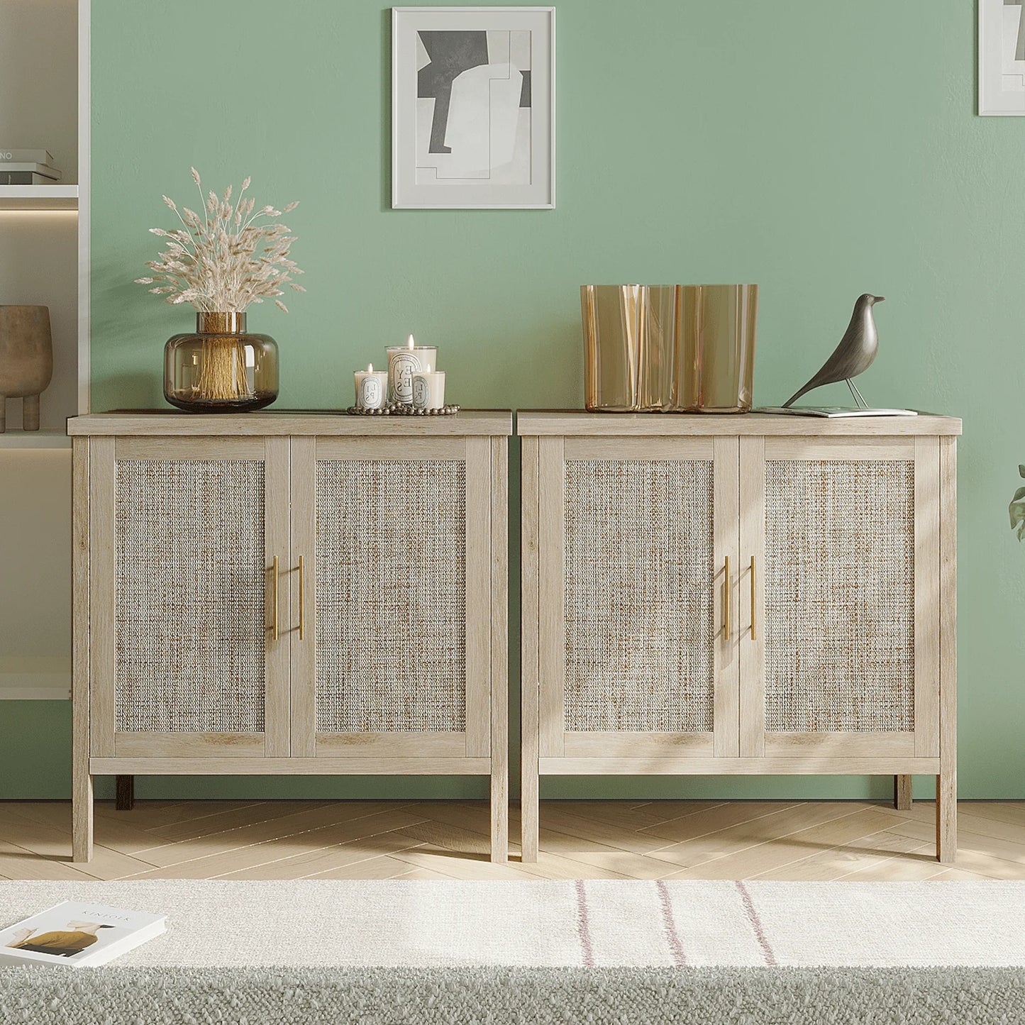 RichYa Rattan Storage Cabinet Buffet Cabinet Sideboard Cupboard for Hallway Entry Living Room 31.5" W x 15.75" D x 31.5" H Wood Color