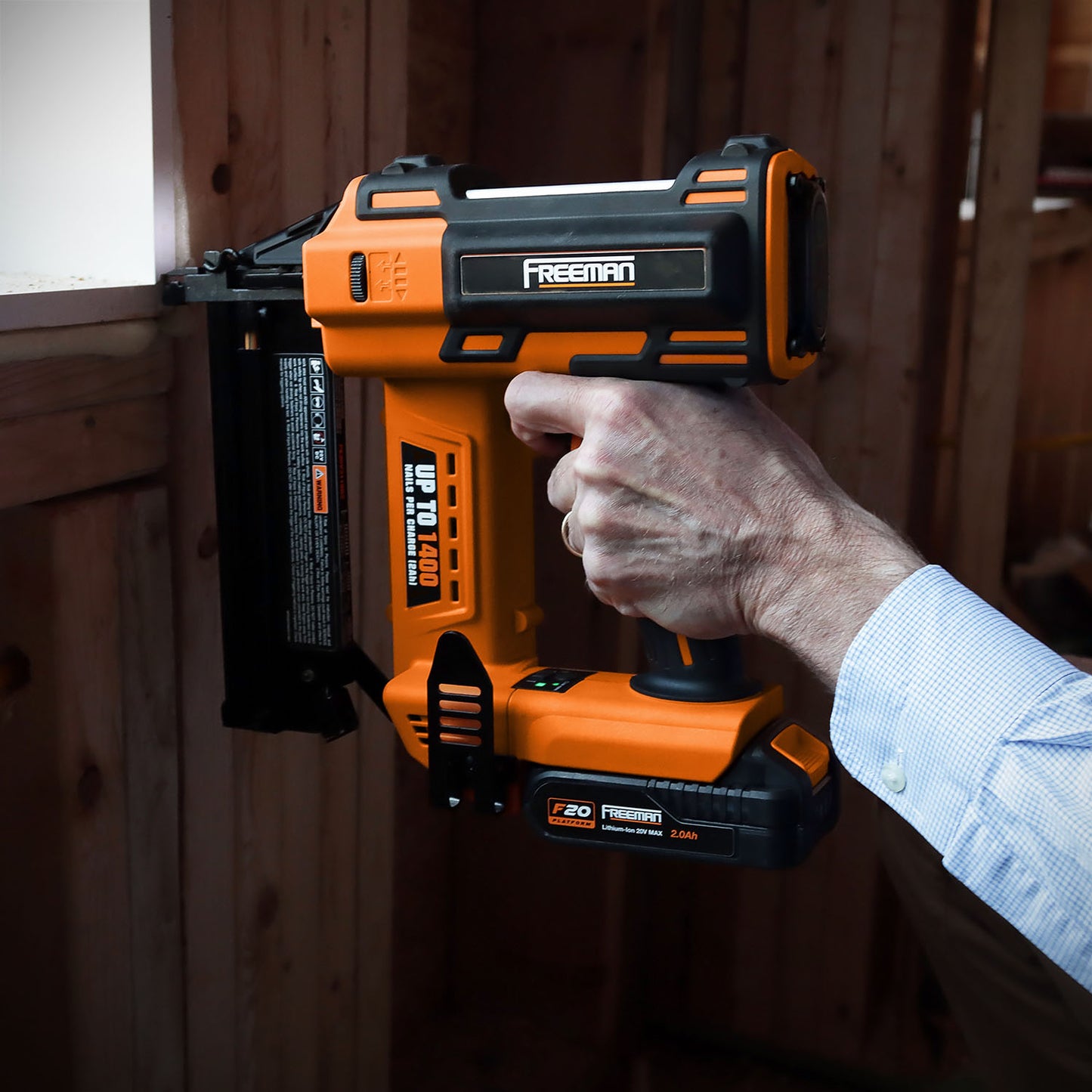 Freeman PE20V2118G2 20 Volt Cordless 2-in-1 18-Gauge Nailer/Stapler Kit with Lithium Ion Battery, Charger, Bag, and Fasteners (400 Count) - 1400 Shots per Charge