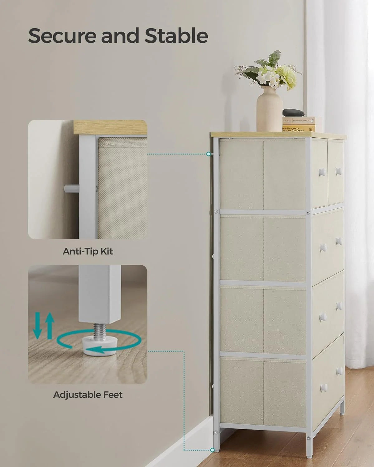 SONGMICS 5 Fabric Drawers Dresser Storage Tower with Unit for-Living-Room Hallway-Nursery Camel Yellow + Cream White