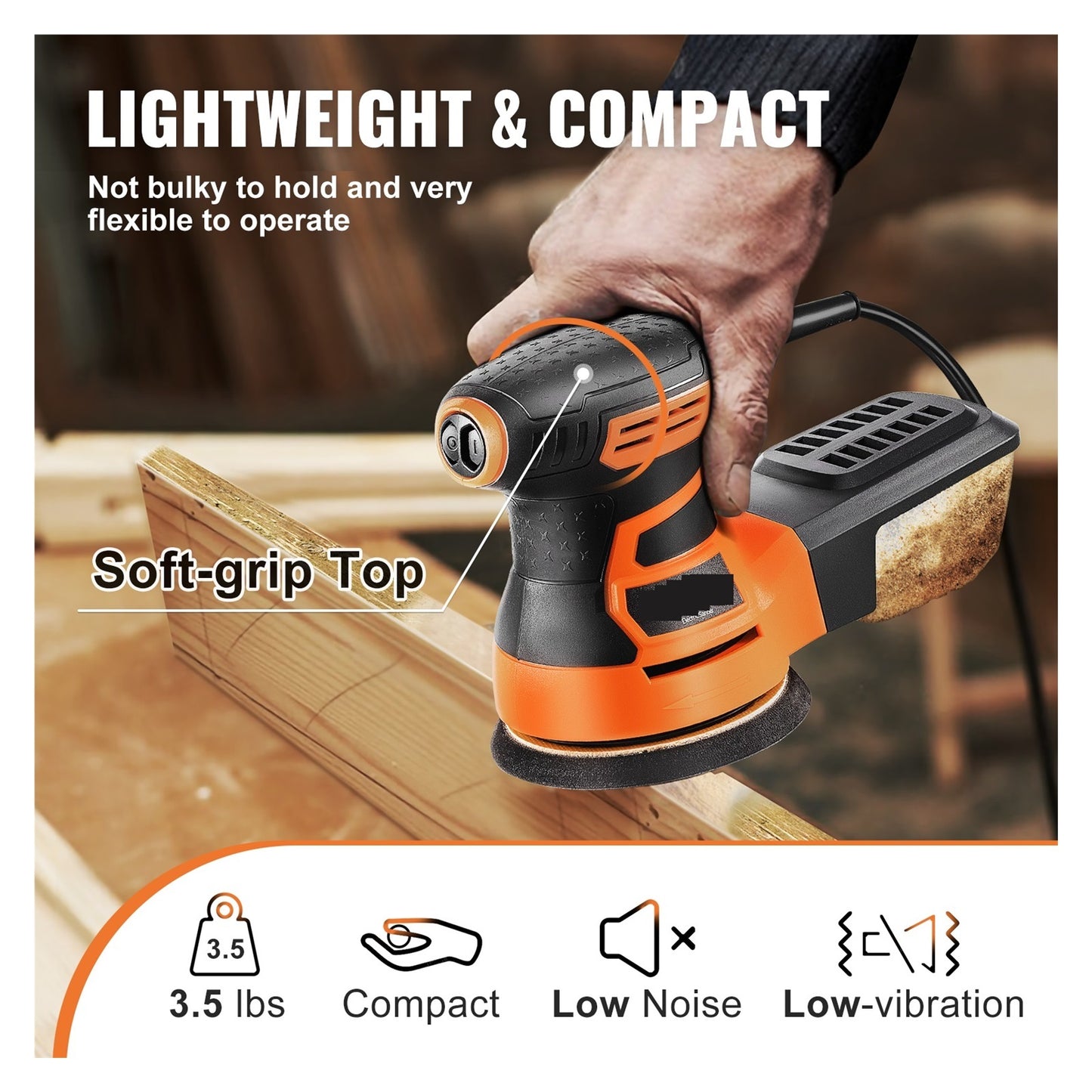 350W Random Orbit Sander 6 Speeds 13000 OPM 5" Palm Sander W/2pcs A-Level Hook-and-Loop Sanding Discs & Vacuum Connector ,High Efficiency