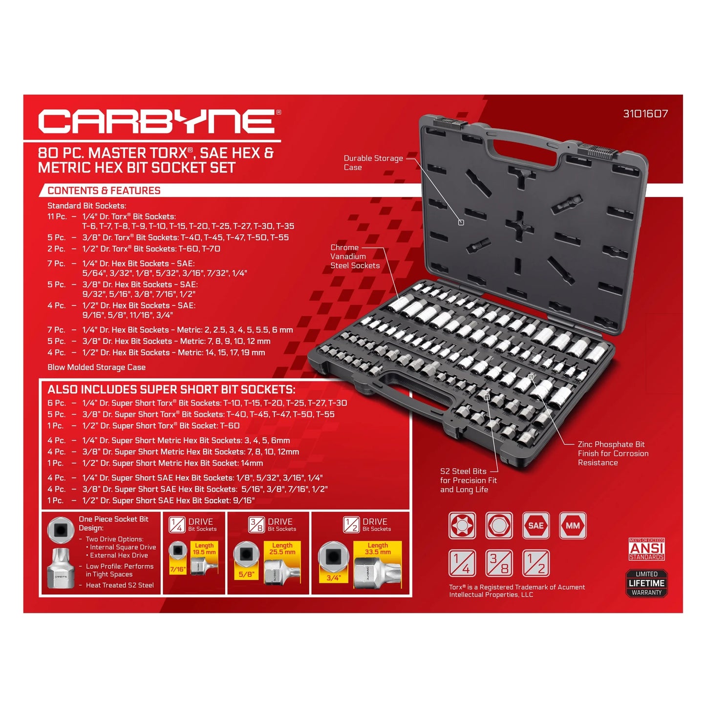 Carbyne 80-Piece Torx, SAE Hex (Allen) & Metric Hex (Allen) Bit Socket Set with 30 Super Short Bit Sockets, Cr-V Steel Sockets, S2 Steel Bits, Durable Storage Case