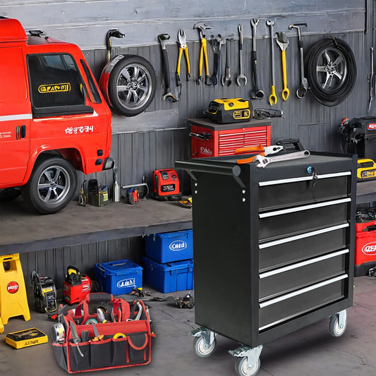 5-Drawer Metal Rolling Tool Cabinet, Storage Toolbox with Brake wheels, Tool Chest with lock, Suitable for Warehouses, Garages, Repair Shops