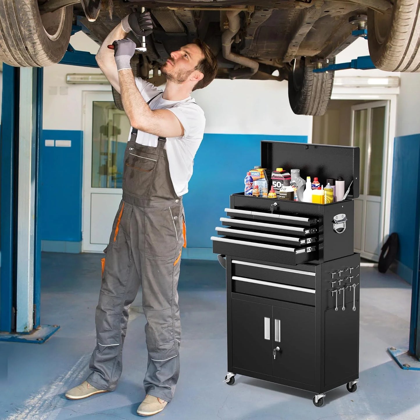 SUNCROWN 2-IN-1 Tool Chest, 8-Drawer Rolling Tool Chest with Hooks and Lockable Wheels,Metal Storage Detachable Top Tool Box with Lockable Wheels for Garage, Workshop, Art Studio(Black)