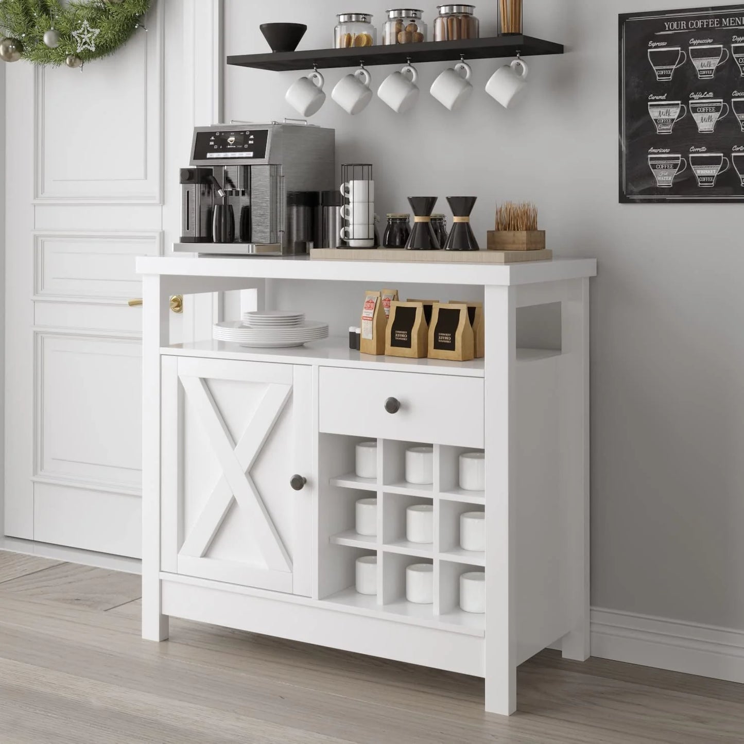 Catrimown Farmhouse Coffee Bar Cabinet, Buffet Sideboard Storage Cabinet with Barn Door and Wine Rack for Kitchen Dining Room, Farmhouse White