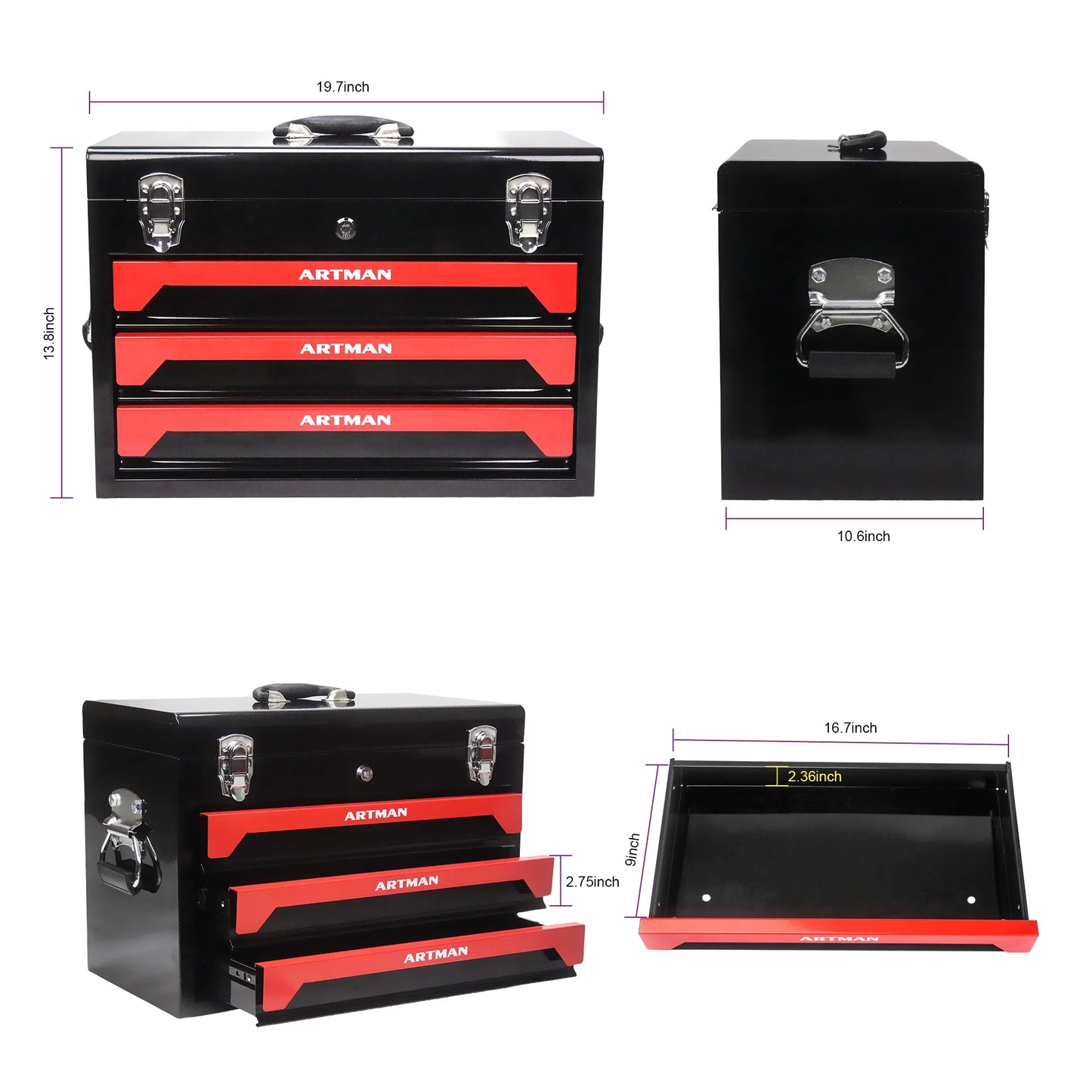 Tool Box with Tool Set, 3 Drawers Metal Toolbox Portable Tool Chest Organizer with Ball-Bearing Drawer