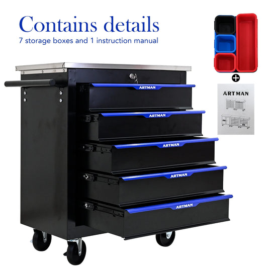 Olurrisa Rolling Steel Tool Chest, 5-Drawer Tool Storage Cabinet with Hanging Holes, Central Keyed Locking System, Lockable Wheels, Tool Organizer Box for Garage & Repair Shop