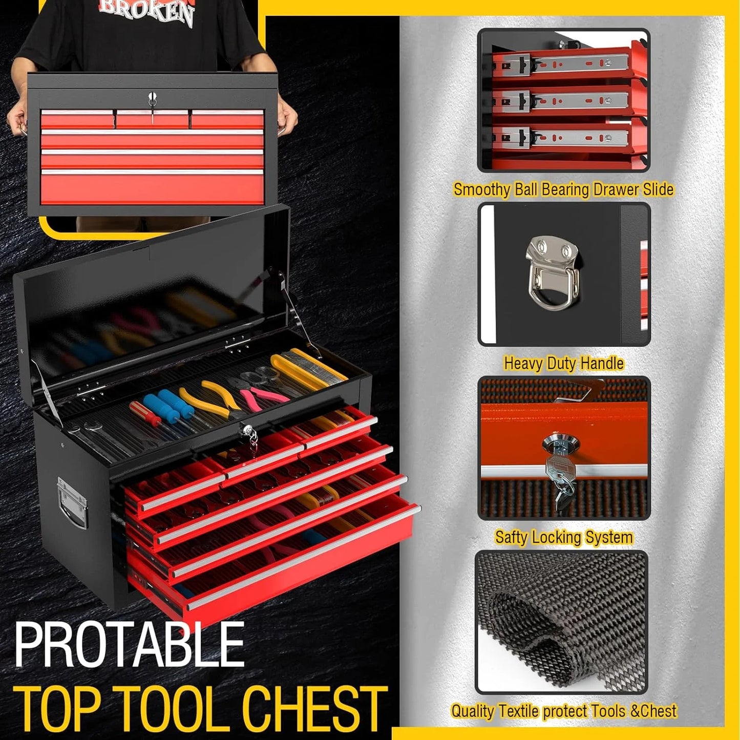 8-Drawer High Capacity Rolling Tool Chest, Removable Cabinet Storage Tool Box with Wheels and Drawers, Detachable Toolbox with Lock for Workshop Mechanics Garage