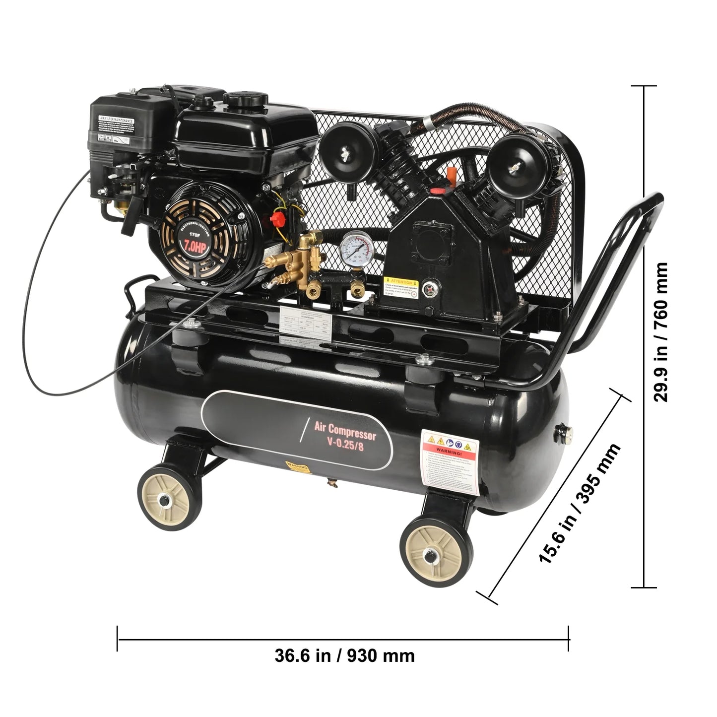 KFFKFF Gas Air Compressor with 7HP Engine, 13.2 Gallon Horizontal Tank, Delivers 9CFM at 115PSI, Gas-Driven Piston Pump, Max 115PSI, Perfect for Job Sites and Workshops