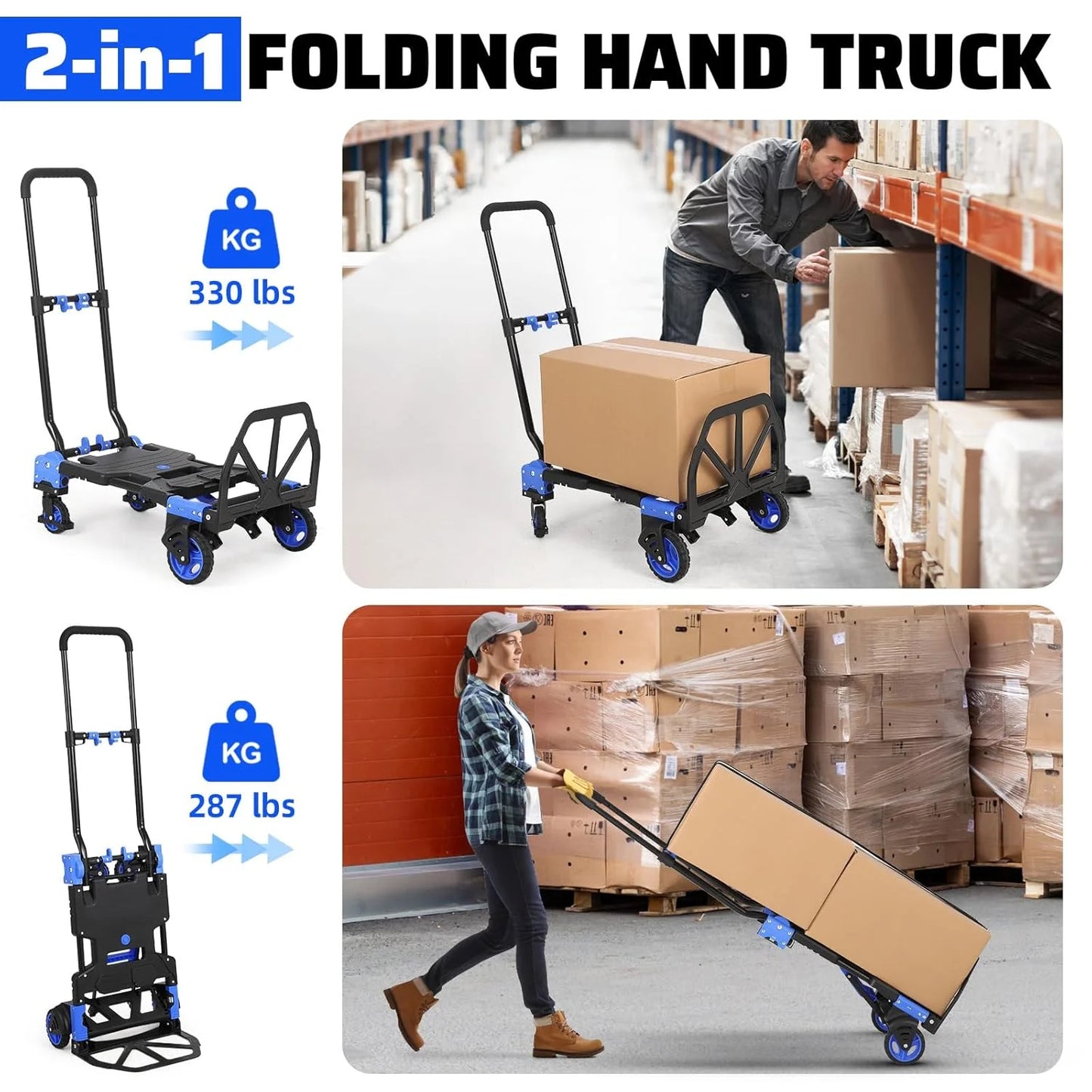Garvee Folding Hand Truck Dolly with Basket, 2-in-1 Heavy Duty Dolly Cart with Wheels, 330LBS Capacity Convertible Handcart with Retractable Handle for Moving, Blue+Black