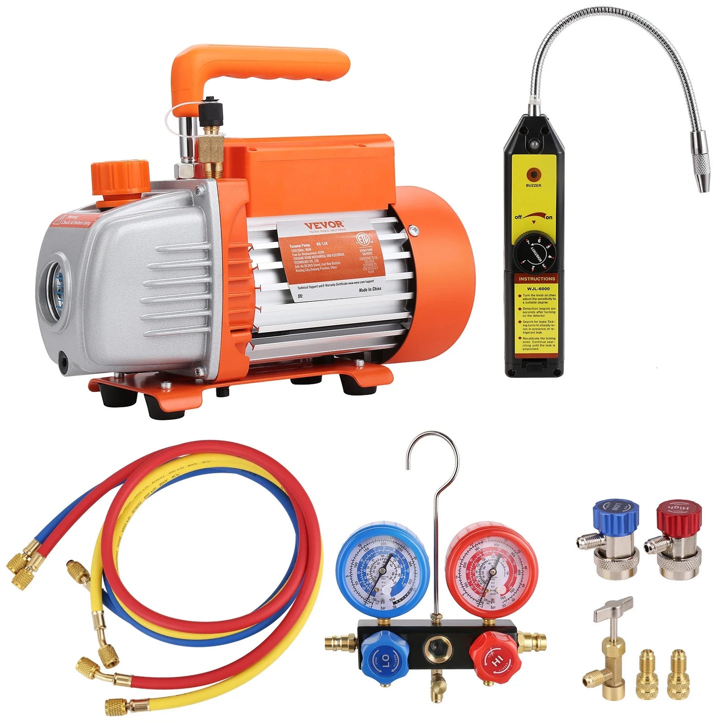 VEVOR 1/4 HP 4.5 CFM AC Vacuum Pump and Gauge Set, Single Stage Rotary Vane HVAC Air Vacuum Pump A/C?RefrigerantKit Manifold Gauge Set, with Three-Color Hose Carry Bag, Applicable to R134a, R410a