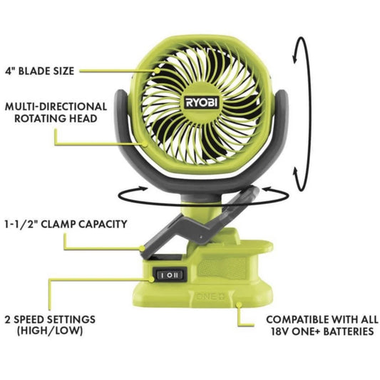 Ryobi 3-Tool Camping Kit Bundle with Compact Area Light, Bluetooth Speaker, 4 inch Clamp Fan, 18-Volt 1.5 Ah Lithium-ion Battery, Charger and 16 inch Buho Tool Bag