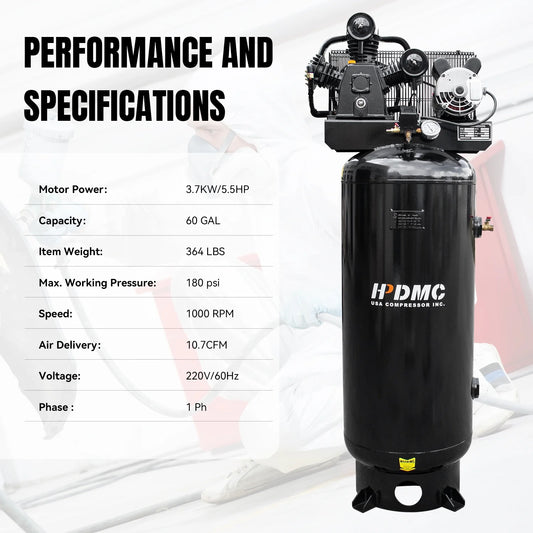 HPDMC 5.5HP Piston Air Compressor 220V/1Ph 60-Gallon Vertical ASME Tank 10.7CFM Max. Pressure 180psi Two-Stage Electric Stationary Air Compressor